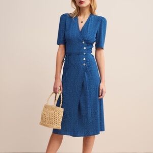 ROUJE Paris Classic Blue & White Polka Dot V Neck Wrap Style Gabin Midi Dress 38
